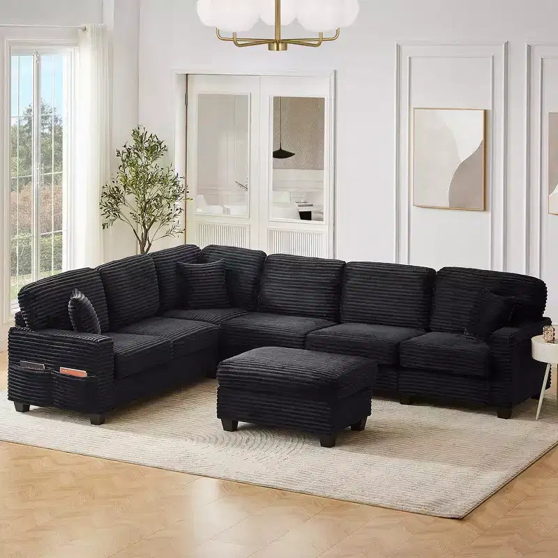 Whisen Corduroy Sectional Sofa with a Movable Ottoman and Side Storage Pockets