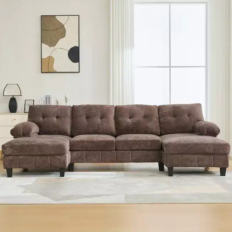 Whisen Chenille U-shaped Sectional Sofa with Dual Chaise Lounges, Storage Pockets and Armrest Pillows