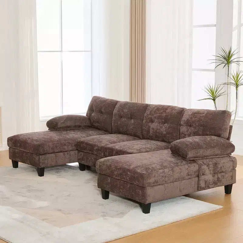 Whisen Chenille U-shaped Sectional Sofa with Dual Chaise Lounges, Storage Pockets and Armrest Pillows