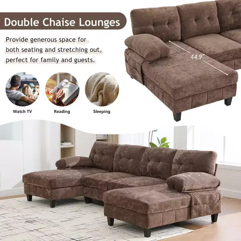 Whisen Chenille U-shaped Sectional Sofa with Dual Chaise Lounges, Storage Pockets and Armrest Pillows