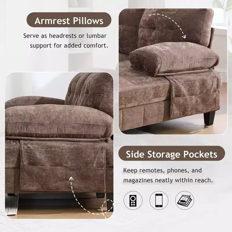 Whisen Chenille U-shaped Sectional Sofa with Dual Chaise Lounges, Storage Pockets and Armrest Pillows