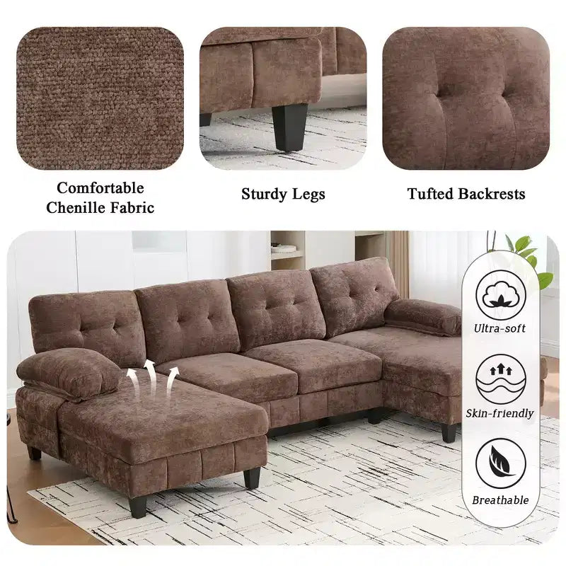 Whisen Chenille U-shaped Sectional Sofa with Dual Chaise Lounges, Storage Pockets and Armrest Pillows