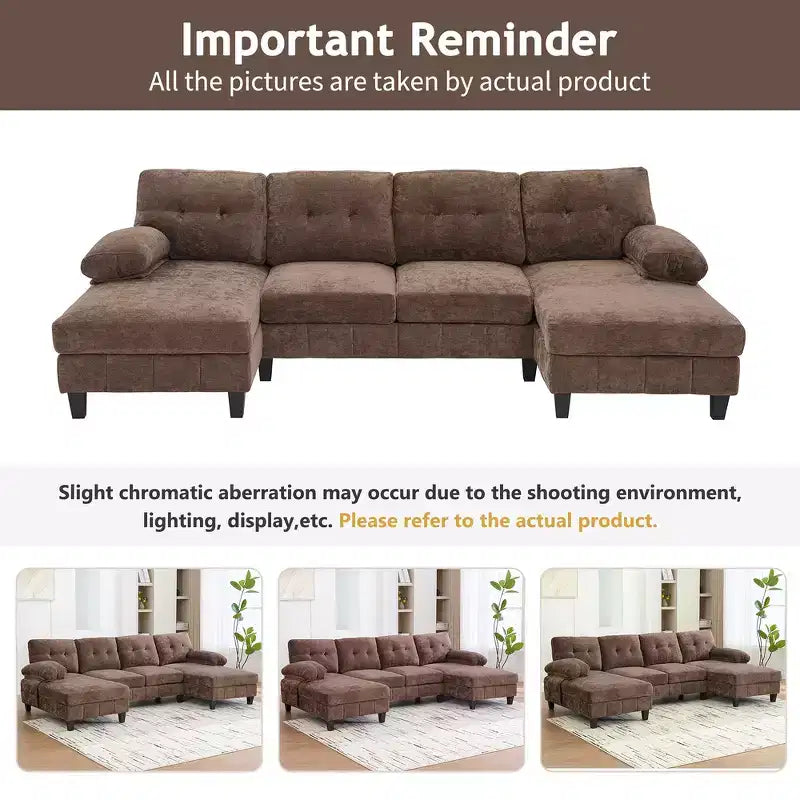 Whisen Chenille U-shaped Sectional Sofa with Dual Chaise Lounges, Storage Pockets and Armrest Pillows