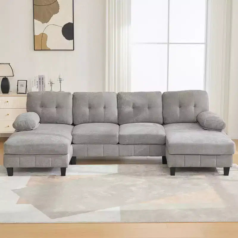 Whisen Chenille U-shaped Sectional Sofa with Dual Chaise Lounges, Storage Pockets and Armrest Pillows