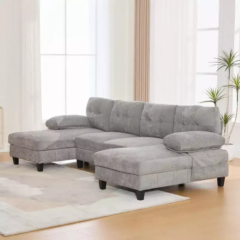 Whisen Chenille U-shaped Sectional Sofa with Dual Chaise Lounges, Storage Pockets and Armrest Pillows