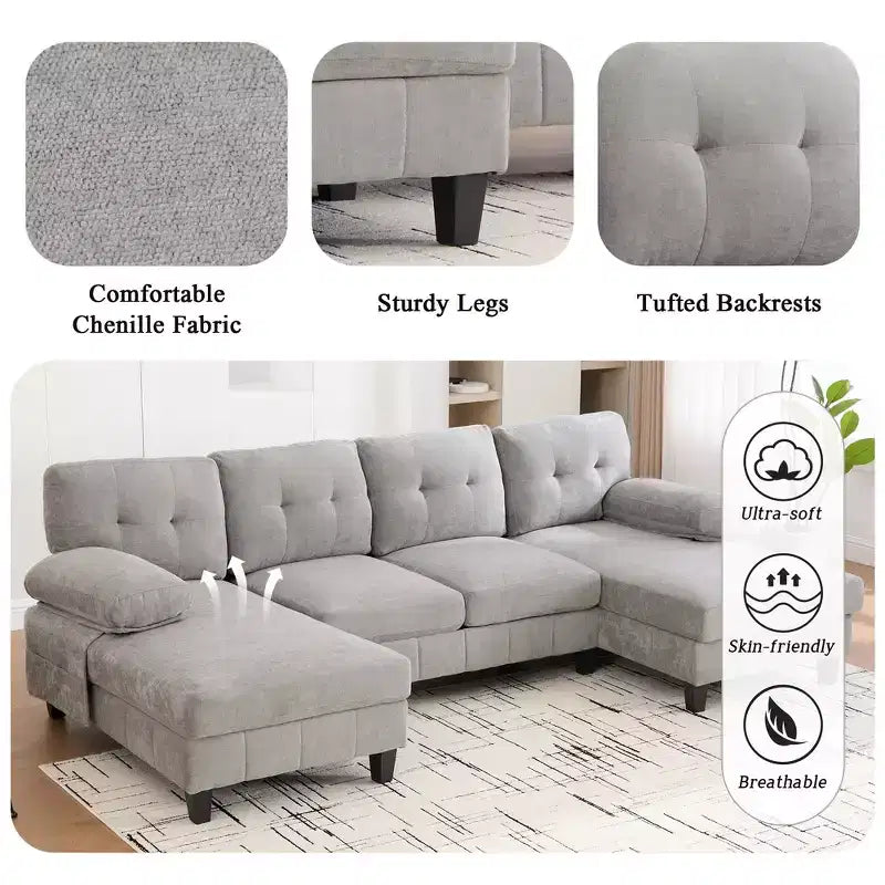 Whisen Chenille U-shaped Sectional Sofa with Dual Chaise Lounges, Storage Pockets and Armrest Pillows