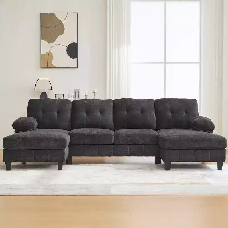Whisen Chenille U-shaped Sectional Sofa with Dual Chaise Lounges, Storage Pockets and Armrest Pillows