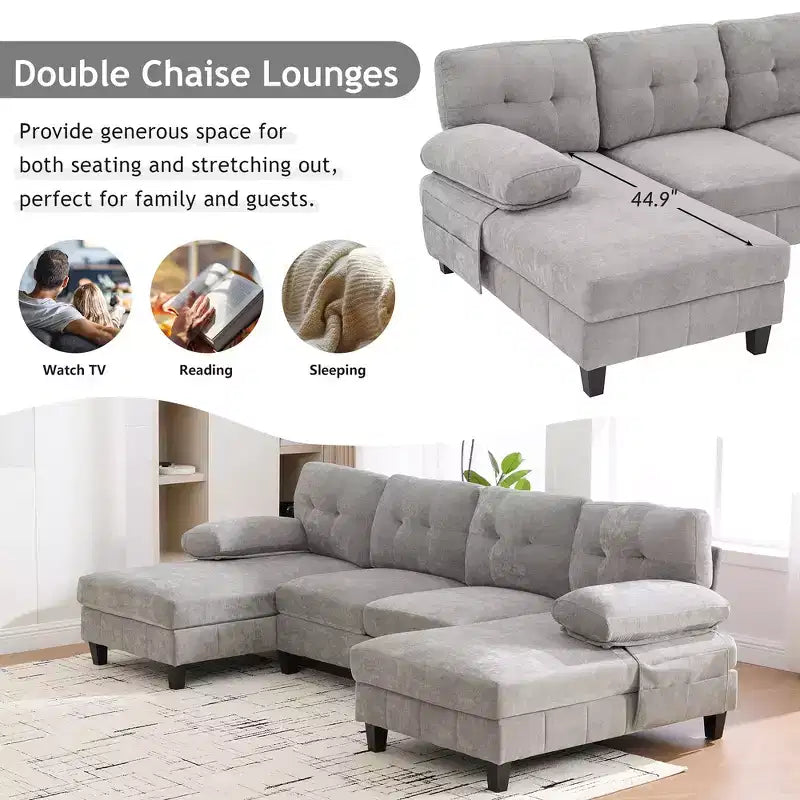 Whisen Chenille U-shaped Sectional Sofa with Dual Chaise Lounges, Storage Pockets and Armrest Pillows