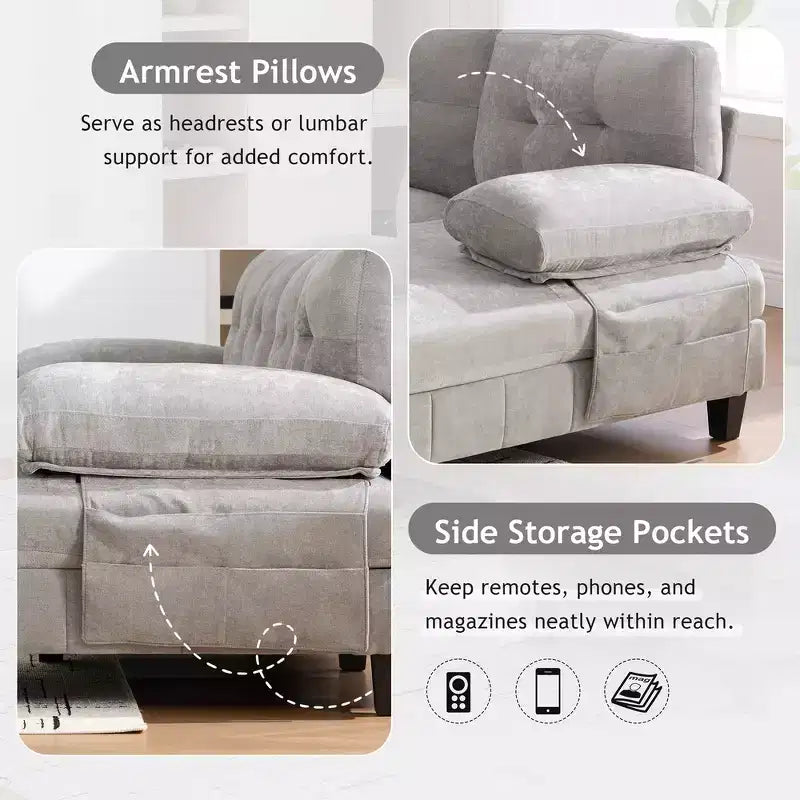 Whisen Chenille U-shaped Sectional Sofa with Dual Chaise Lounges, Storage Pockets and Armrest Pillows