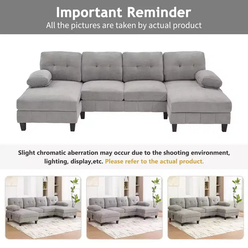 Whisen Chenille U-shaped Sectional Sofa with Dual Chaise Lounges, Storage Pockets and Armrest Pillows