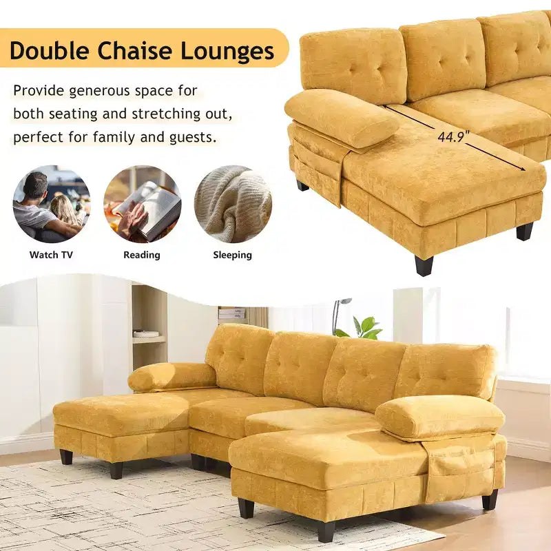 Whisen Chenille U-shaped Sectional Sofa with Dual Chaise Lounges, Storage Pockets and Armrest Pillows