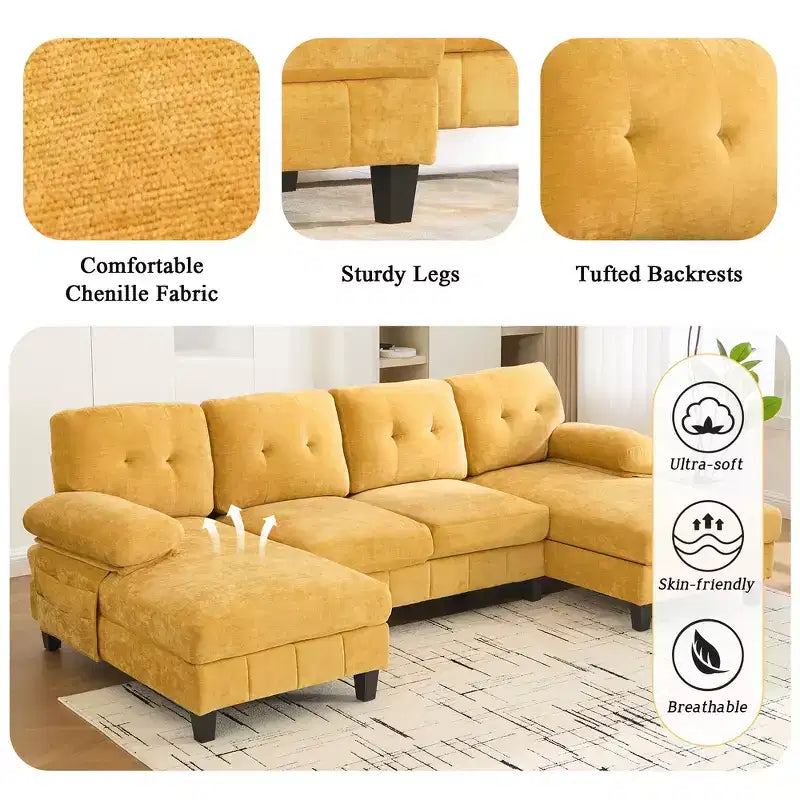 Whisen Chenille U-shaped Sectional Sofa with Dual Chaise Lounges, Storage Pockets and Armrest Pillows