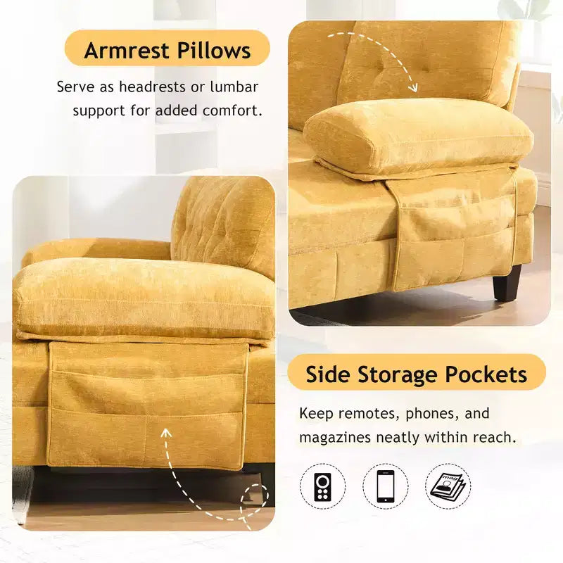 Whisen Chenille U-shaped Sectional Sofa with Dual Chaise Lounges, Storage Pockets and Armrest Pillows