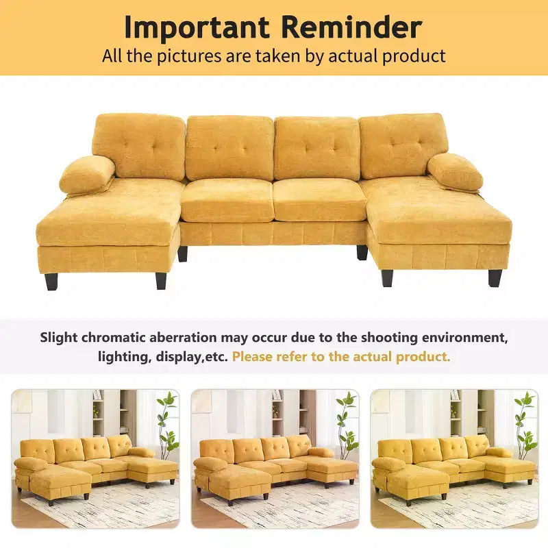 Whisen Chenille U-shaped Sectional Sofa with Dual Chaise Lounges, Storage Pockets and Armrest Pillows
