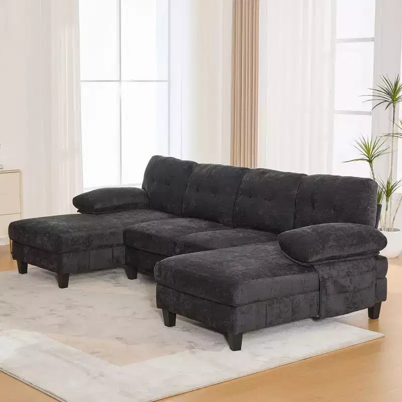 Whisen Chenille U-shaped Sectional Sofa with Dual Chaise Lounges, Storage Pockets and Armrest Pillows