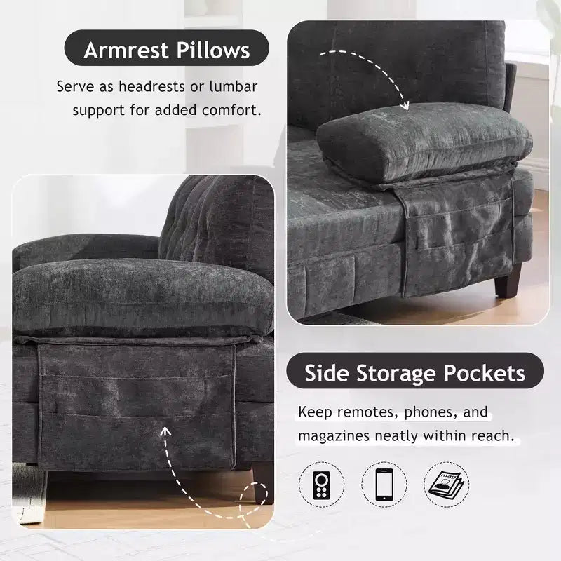 Whisen Chenille U-shaped Sectional Sofa with Dual Chaise Lounges, Storage Pockets and Armrest Pillows
