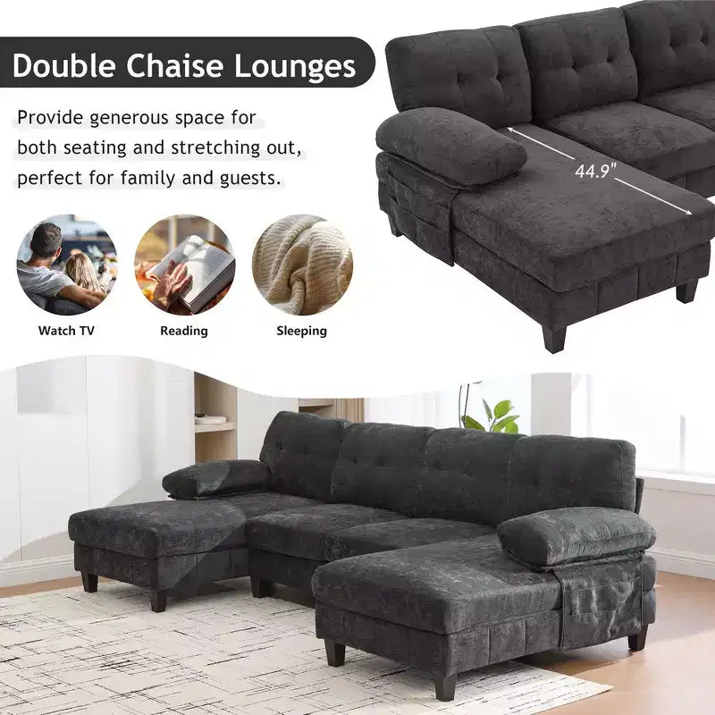 Whisen Chenille U-shaped Sectional Sofa with Dual Chaise Lounges, Storage Pockets and Armrest Pillows