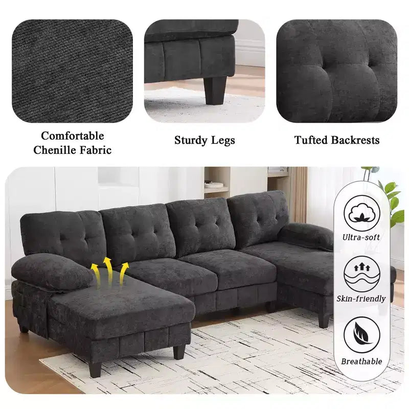 Whisen Chenille U-shaped Sectional Sofa with Dual Chaise Lounges, Storage Pockets and Armrest Pillows