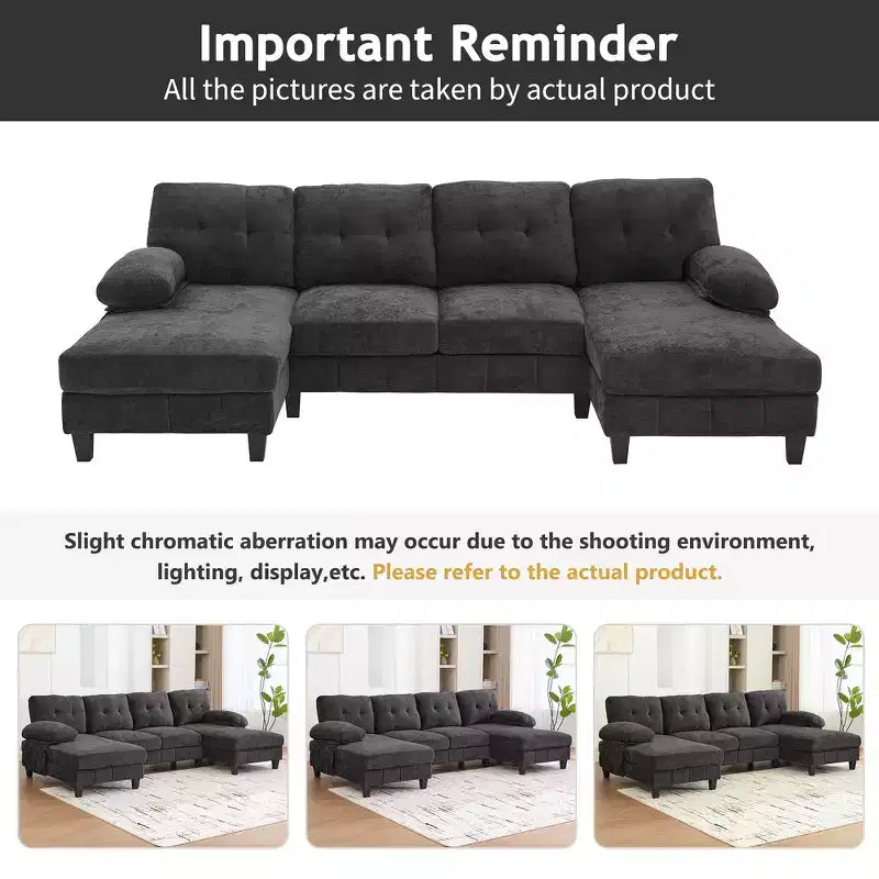 Whisen Chenille U-shaped Sectional Sofa with Dual Chaise Lounges, Storage Pockets and Armrest Pillows