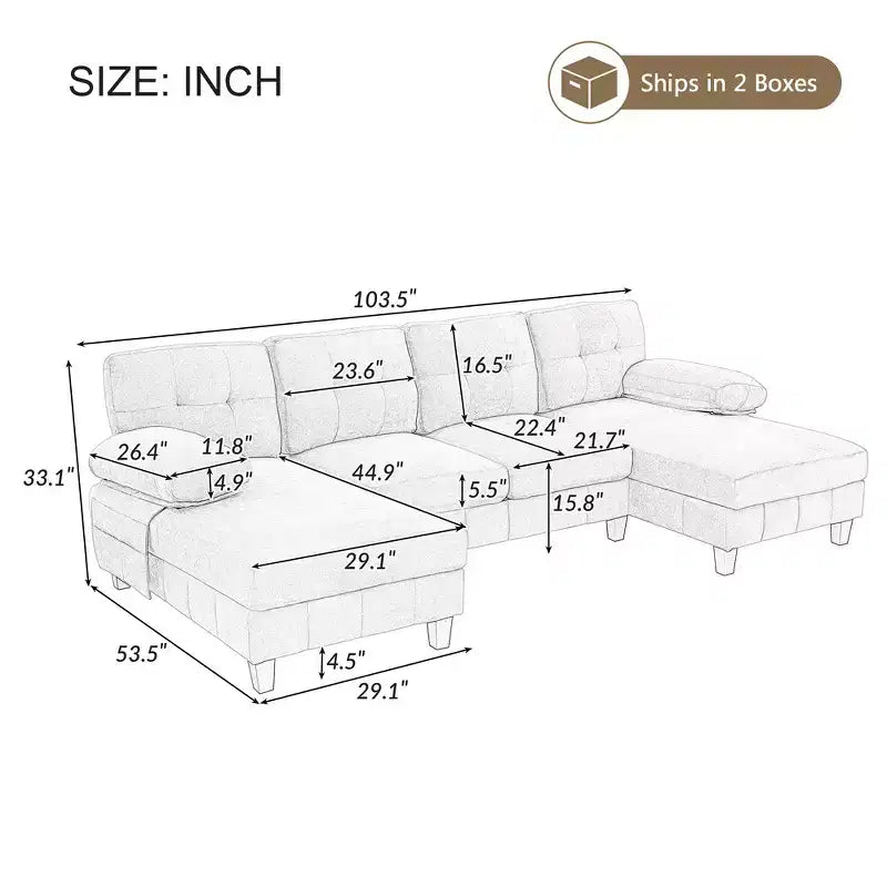 Whisen Chenille U-shaped Sectional Sofa with Dual Chaise Lounges, Storage Pockets and Armrest Pillows