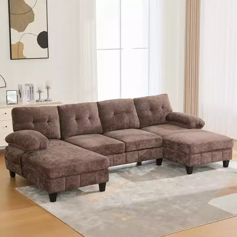 Sofá Seccional en Forma de U de Chenilla Whisen con Tumbonas Dobles, Bolsillos de Almacenamiento y Almohadas para Apoyabrazos