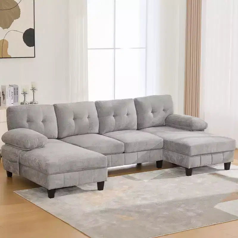 Sofá Seccional en Forma de U de Chenilla Whisen con Tumbonas Dobles, Bolsillos de Almacenamiento y Almohadas para Apoyabrazos
