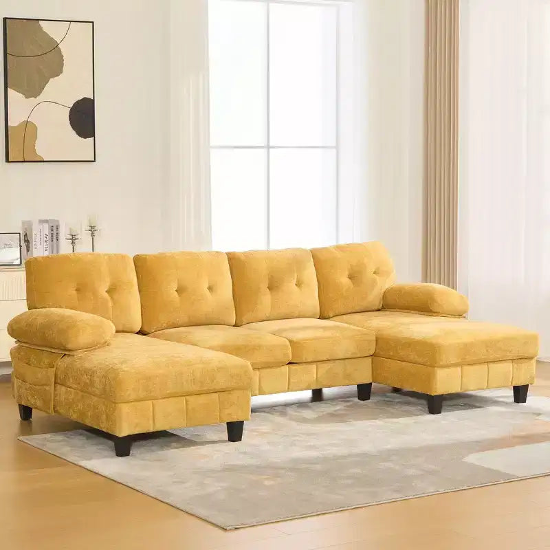 Sofá Seccional en Forma de U de Chenilla Whisen con Tumbonas Dobles, Bolsillos de Almacenamiento y Almohadas para Apoyabrazos