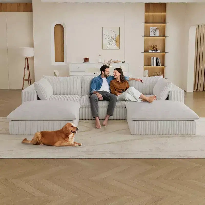 118.2 Blue Corduroy Fabric DIY Combination Cloud Sofa Deep Seat Couches with 2 Ottomans Double-layer design Removable Cushion No Assembly
