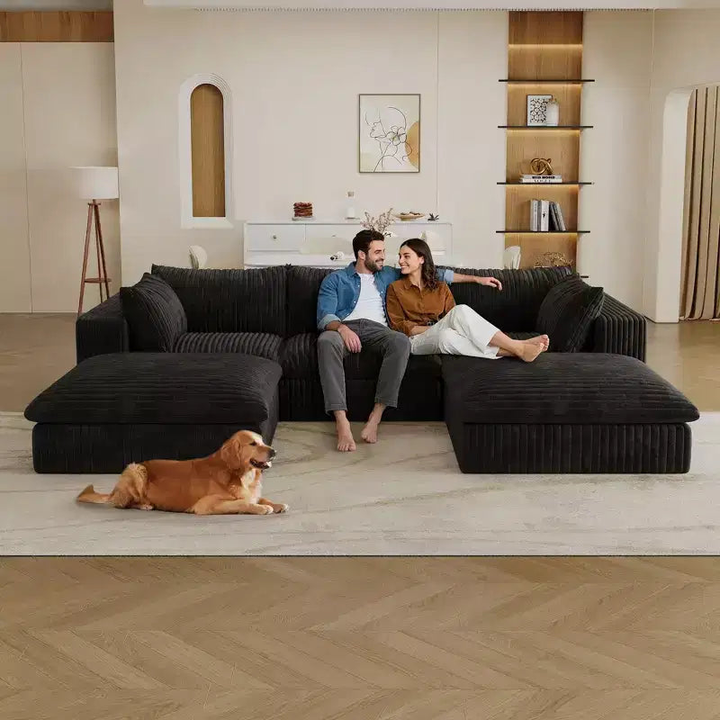 118.2 Blue Corduroy Fabric DIY Combination Cloud Sofa Deep Seat Couches with 2 Ottomans Double-layer design Removable Cushion No Assembly