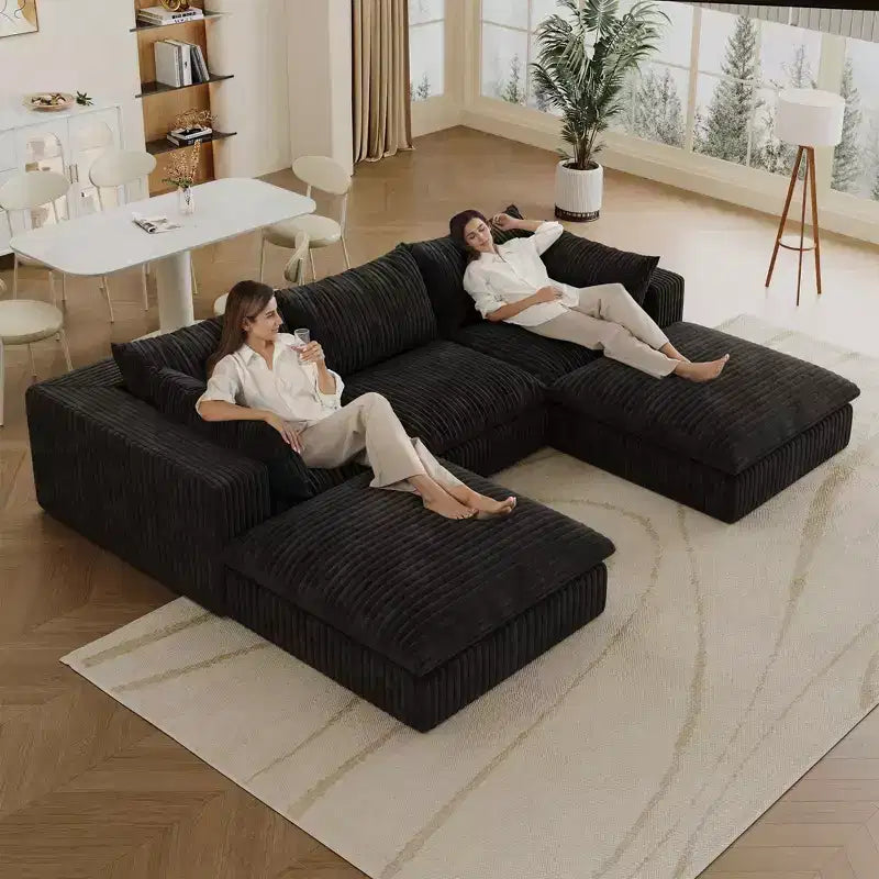 118.2 Blue Corduroy Fabric DIY Combination Cloud Sofa Deep Seat Couches with 2 Ottomans Double-layer design Removable Cushion No Assembly