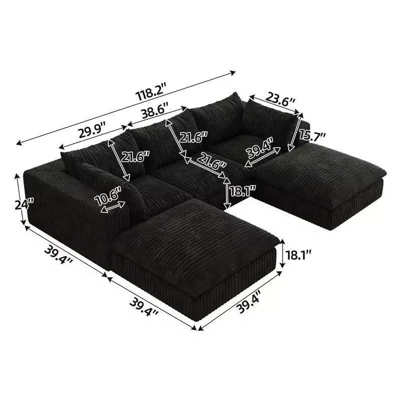 118.2 Blue Corduroy Fabric DIY Combination Cloud Sofa Deep Seat Couches with 2 Ottomans Double-layer design Removable Cushion No Assembly