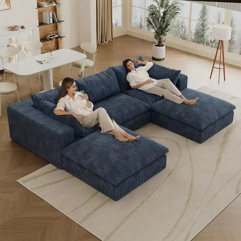 118.2 Blue Corduroy Fabric DIY Combination Cloud Sofa Deep Seat Couches with 2 Ottomans Double-layer design Removable Cushion No Assembly