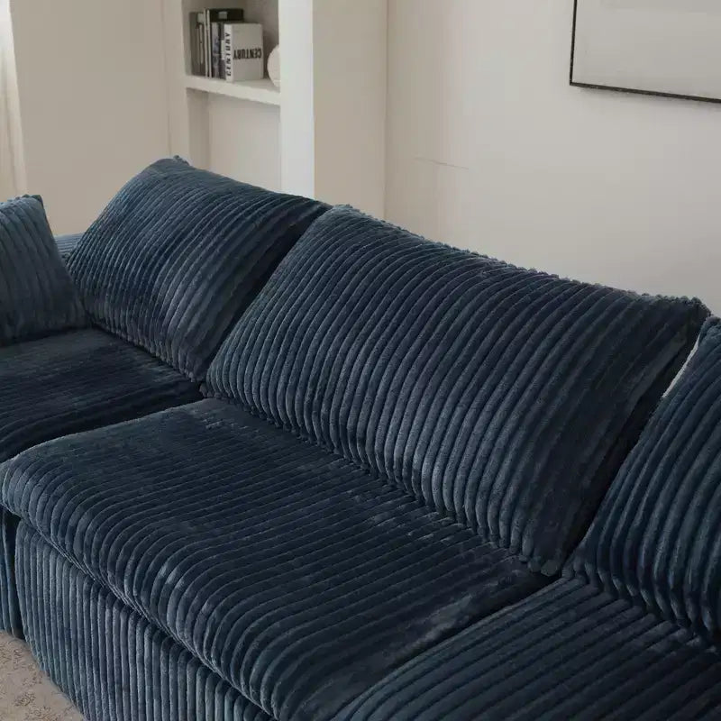 118.2 Blue Corduroy Fabric DIY Combination Cloud Sofa Deep Seat Couches with 2 Ottomans Double-layer design Removable Cushion No Assembly