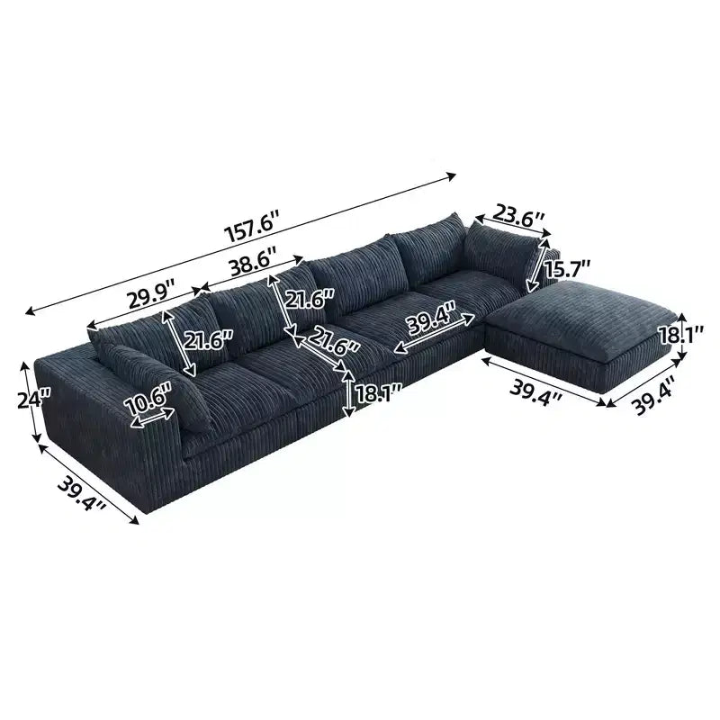 157.6 Blue Cloud Sofa Corduroy Fabric Deep Seat Couches with 1 Ottoman, Double-layer design Removable Cushion No Assembly DIY Combination