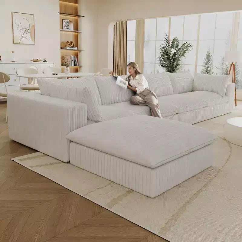 157.6 Blue Cloud Sofa Corduroy Fabric Deep Seat Couches with 1 Ottoman, Double-layer design Removable Cushion No Assembly DIY Combination