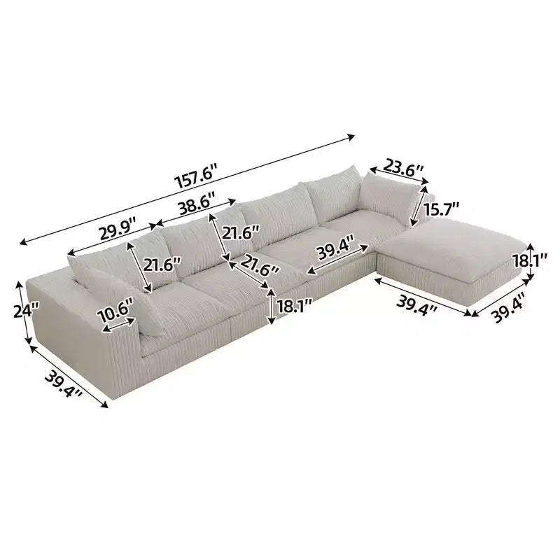 157.6 Blue Cloud Sofa Corduroy Fabric Deep Seat Couches with 1 Ottoman, Double-layer design Removable Cushion No Assembly DIY Combination