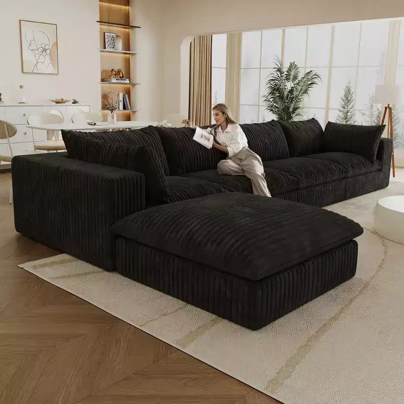 157.6 Blue Cloud Sofa Corduroy Fabric Deep Seat Couches with 1 Ottoman, Double-layer design Removable Cushion No Assembly DIY Combination