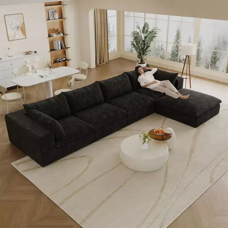 157.6 Blue Cloud Sofa Corduroy Fabric Deep Seat Couches with 1 Ottoman, Double-layer design Removable Cushion No Assembly DIY Combination