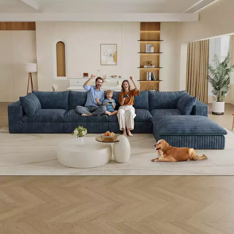 157.6 Blue Cloud Sofa Corduroy Fabric Deep Seat Couches with 1 Ottoman, Double-layer design Removable Cushion No Assembly DIY Combination