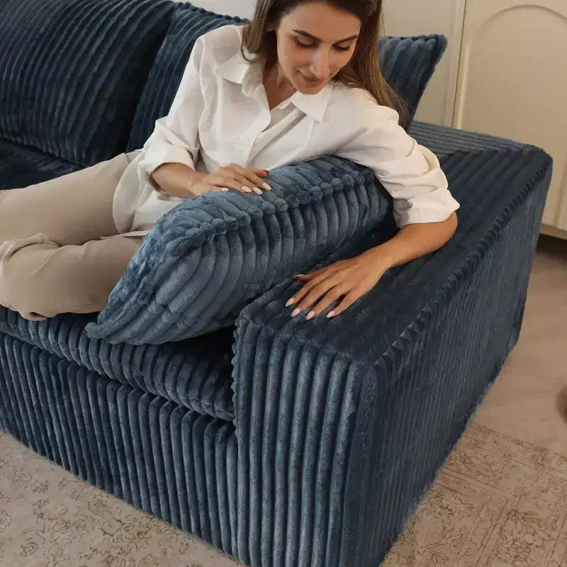 157.6 Blue Cloud Sofa Corduroy Fabric Deep Seat Couches with 1 Ottoman, Double-layer design Removable Cushion No Assembly DIY Combination