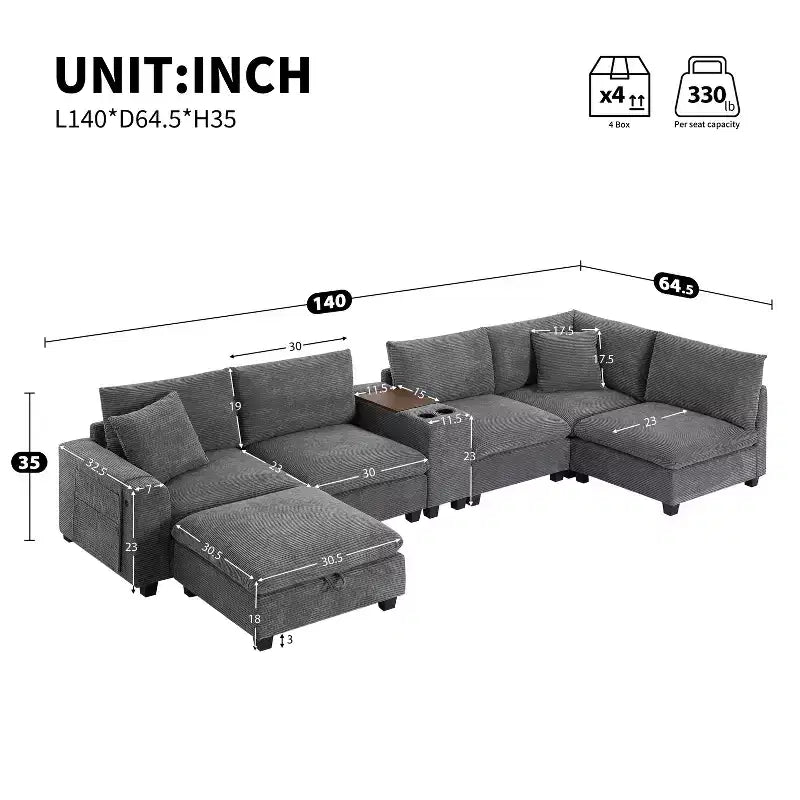 142'' Modular U-Shaped Sectional Sofa with Storage Ottoman Console USB Charger Wide Seats Chenille Upholstery 6-Seater for Living Room Apartment