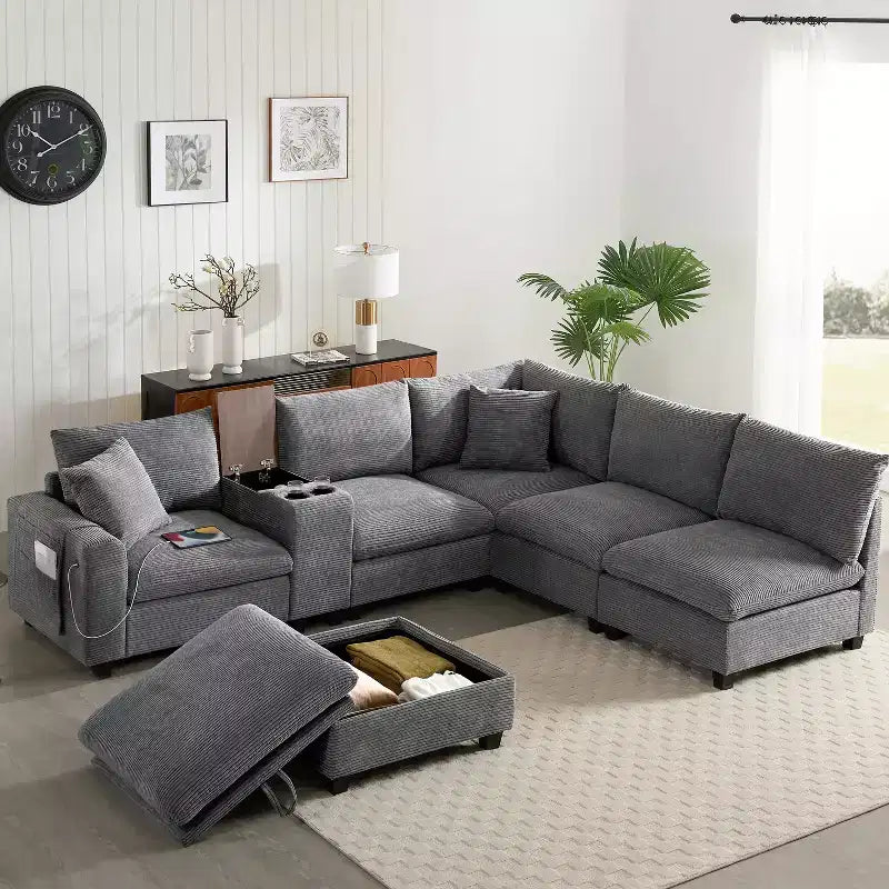 142'' Modular U-Shaped Sectional Sofa with Storage Ottoman Console USB Charger Wide Seats Chenille Upholstery 6-Seater for Living Room Apartment