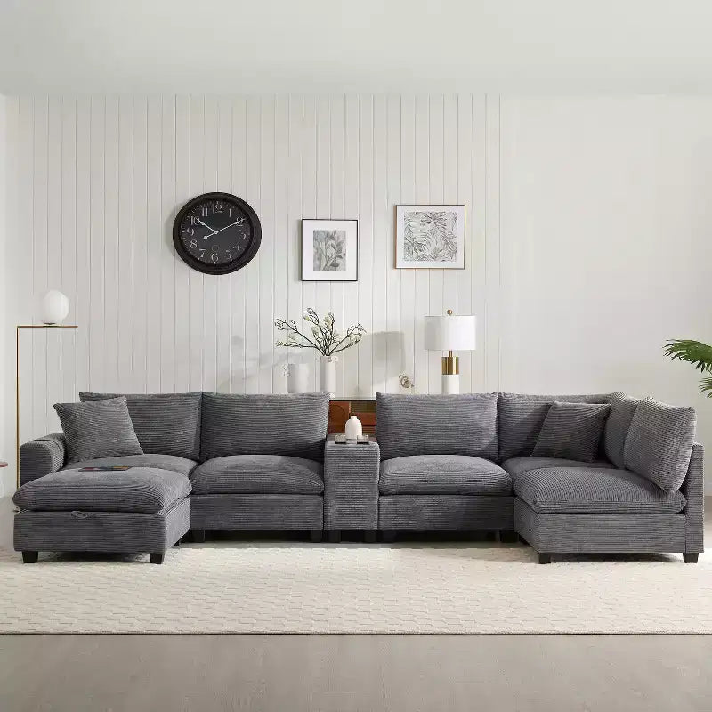 142'' Modular U-Shaped Sectional Sofa with Storage Ottoman Console USB Charger Wide Seats Chenille Upholstery 6-Seater for Living Room Apartment