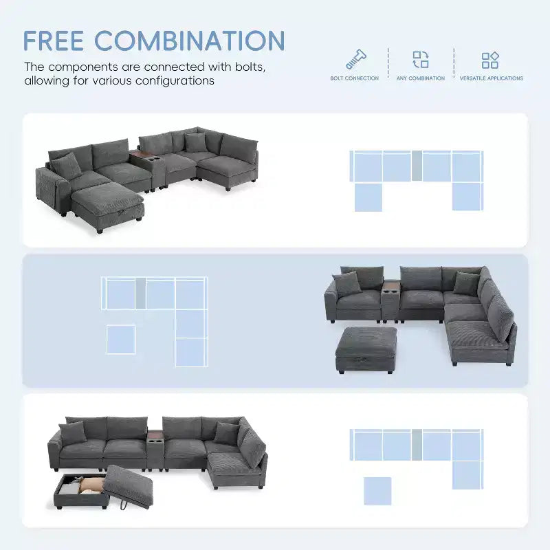 142'' Modular U-Shaped Sectional Sofa with Storage Ottoman Console USB Charger Wide Seats Chenille Upholstery 6-Seater for Living Room Apartment