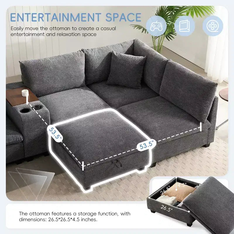 142'' Modular U-Shaped Sectional Sofa with Storage Ottoman Console USB Charger Wide Seats Chenille Upholstery 6-Seater for Living Room Apartment