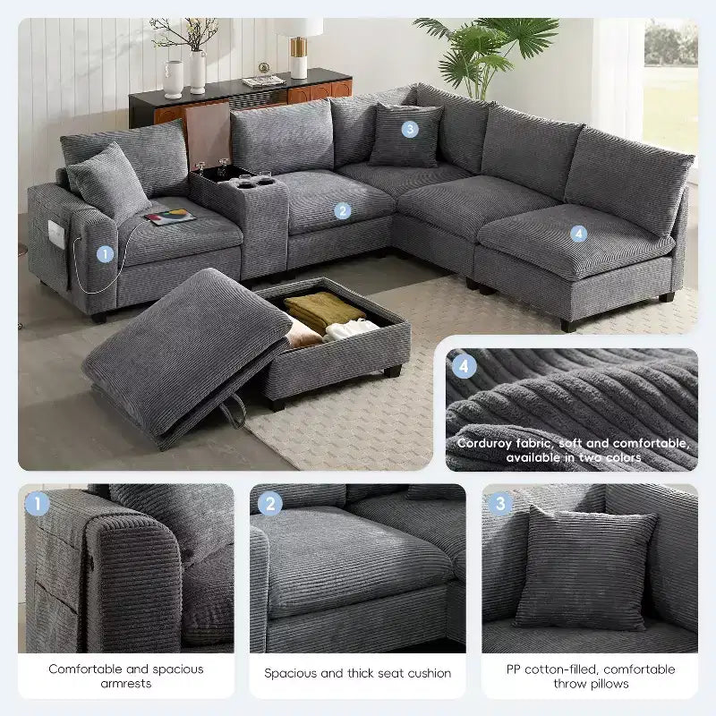 142'' Modular U-Shaped Sectional Sofa with Storage Ottoman Console USB Charger Wide Seats Chenille Upholstery 6-Seater for Living Room Apartment