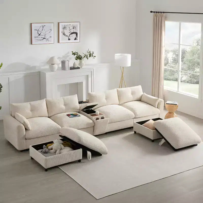 142'' Modular U-Shaped Sectional Sofa with Storage Ottoman Console USB Charger Wide Seats Chenille Upholstery 6-Seater for Living Room Apartment