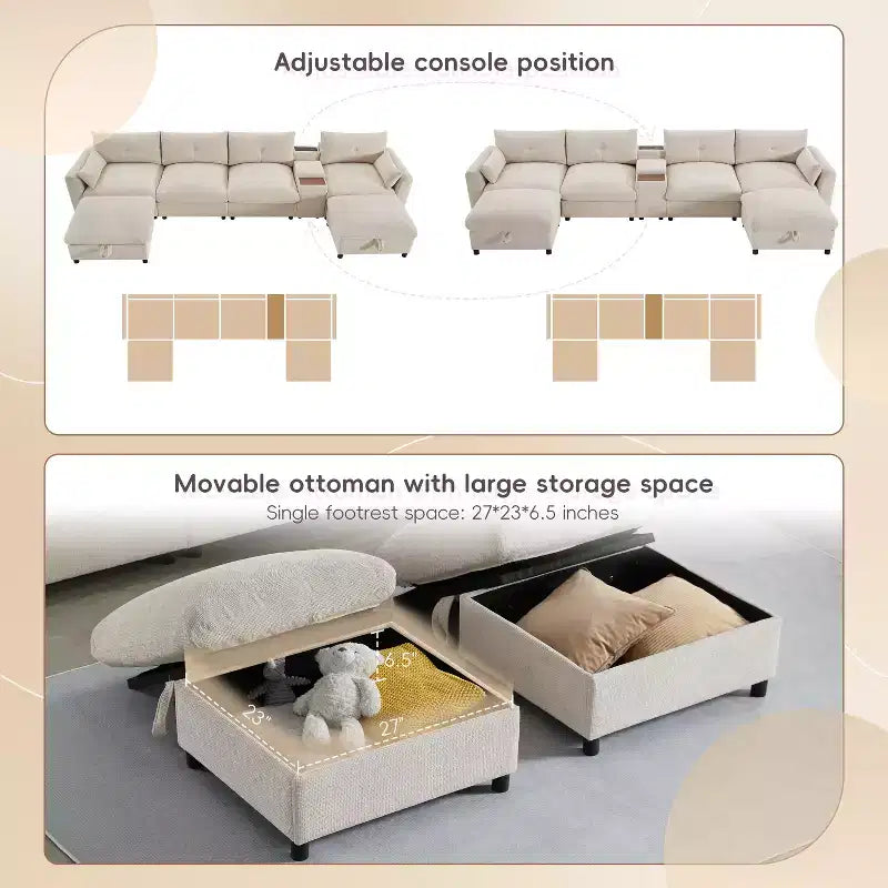 142'' Modular U-Shaped Sectional Sofa with Storage Ottoman Console USB Charger Wide Seats Chenille Upholstery 6-Seater for Living Room Apartment