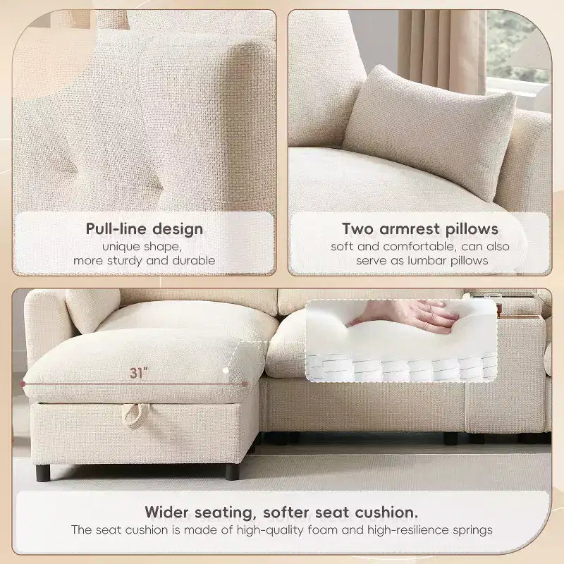 142'' Modular U-Shaped Sectional Sofa with Storage Ottoman Console USB Charger Wide Seats Chenille Upholstery 6-Seater for Living Room Apartment