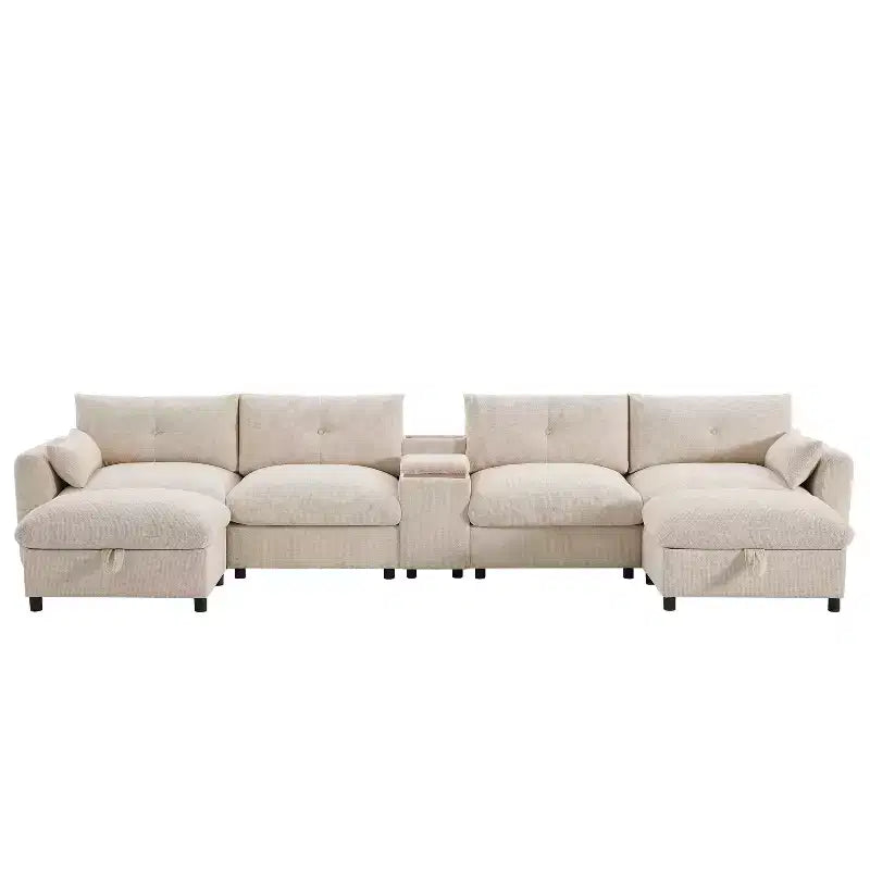 142'' Modular U-Shaped Sectional Sofa with Storage Ottoman Console USB Charger Wide Seats Chenille Upholstery 6-Seater for Living Room Apartment